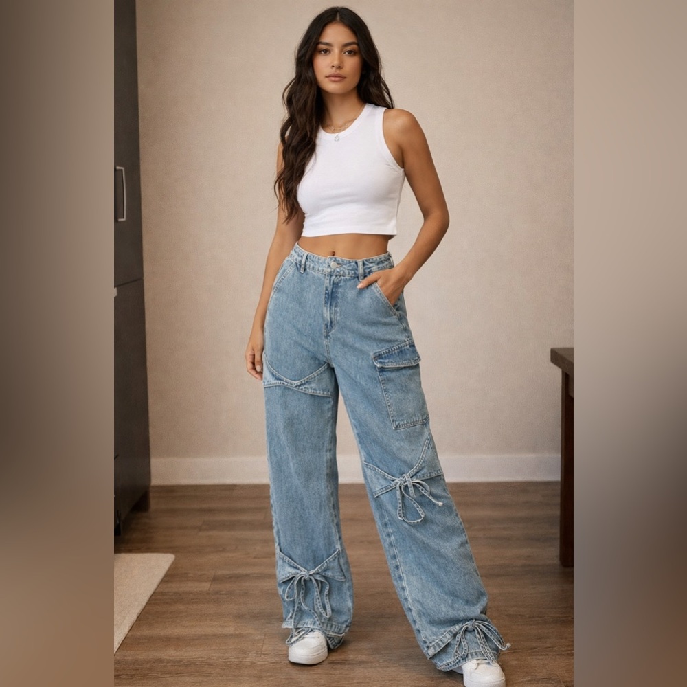 Cider‎ Blue Flare Jeans with Bow Accents